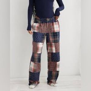 aerie Patchwork Plaid Wide-Leg Pants - Navy, Red, White